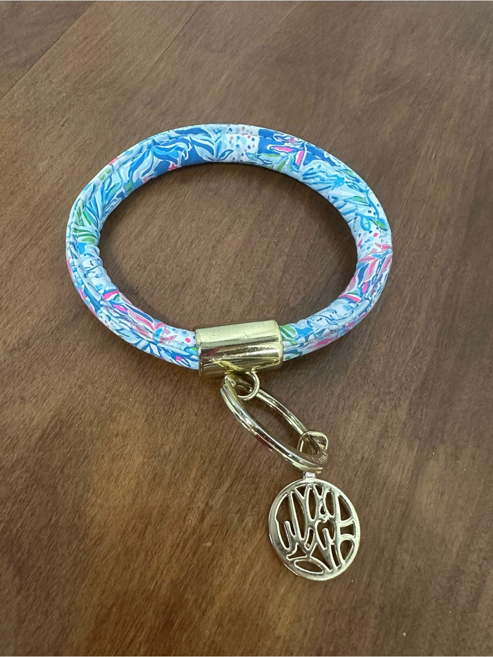 Lilly Pulitzer Blue pink Floral Wristlet Keyring with Gold Charm